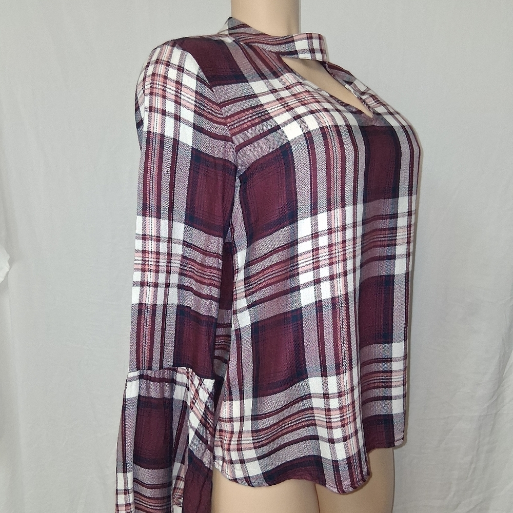 American Rag Cie Plainbell Vtg Burgundy Plaid Choker Blouse.Vtg Boho retro.Casua - Picture 11 of 16